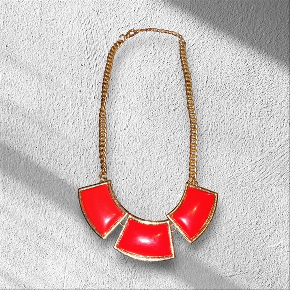 90S VINTAGE RED ENAMEL STATEMENT NECKLACE - Picture 1 of 6